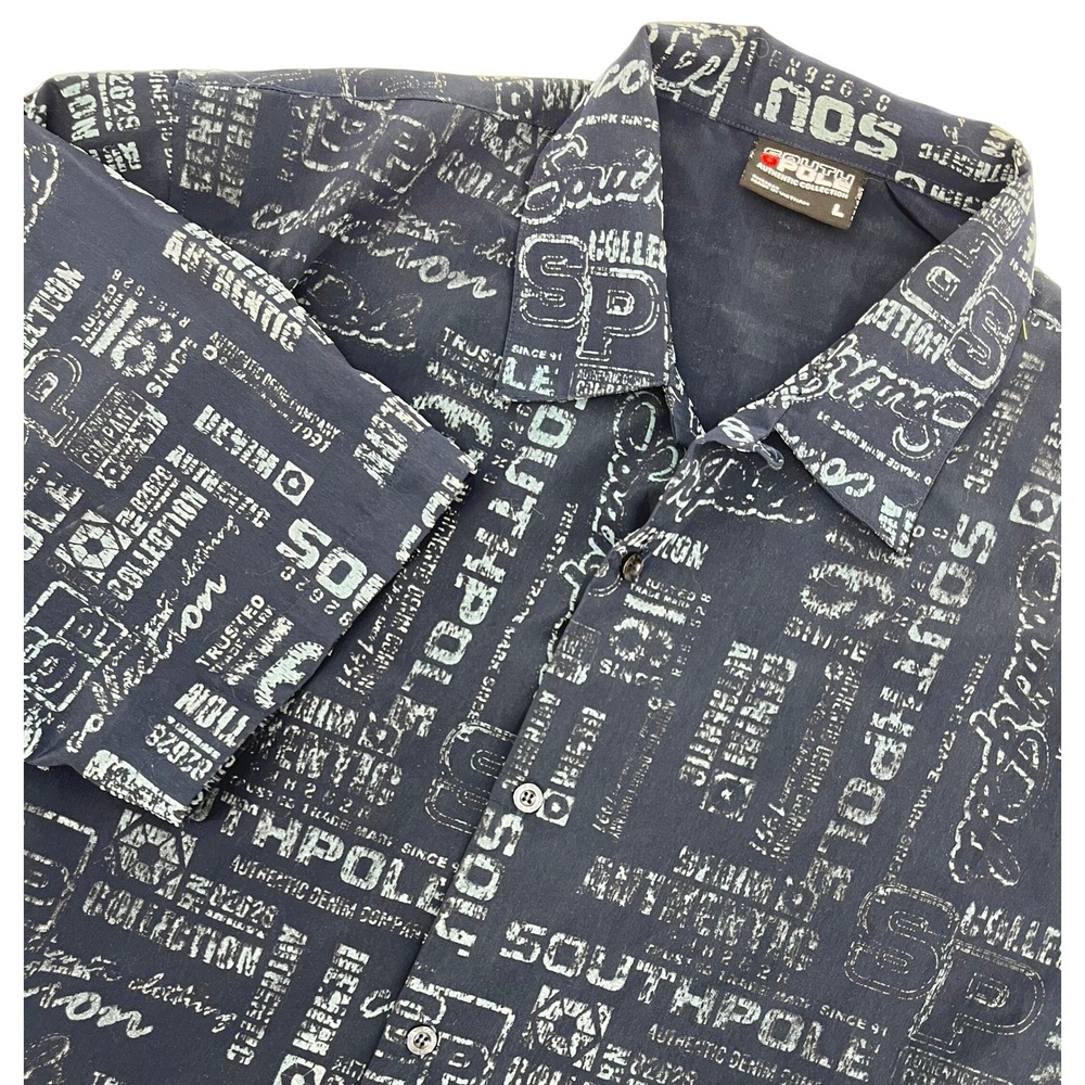 Southpole‎ Mens Large Navy Blue Logo Print Short Sleeve Button Down Shirt